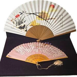 Lot of 2 Vintage Asian Folding Hand Fans Japanese Silk Sakura Korean Orchid Box